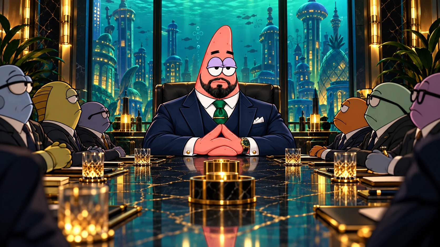 DUMBO chairs an extravagant underwater boardroom meeting in his navy suit and emerald tie, surrounded by fish executives and a glowing city skyline.