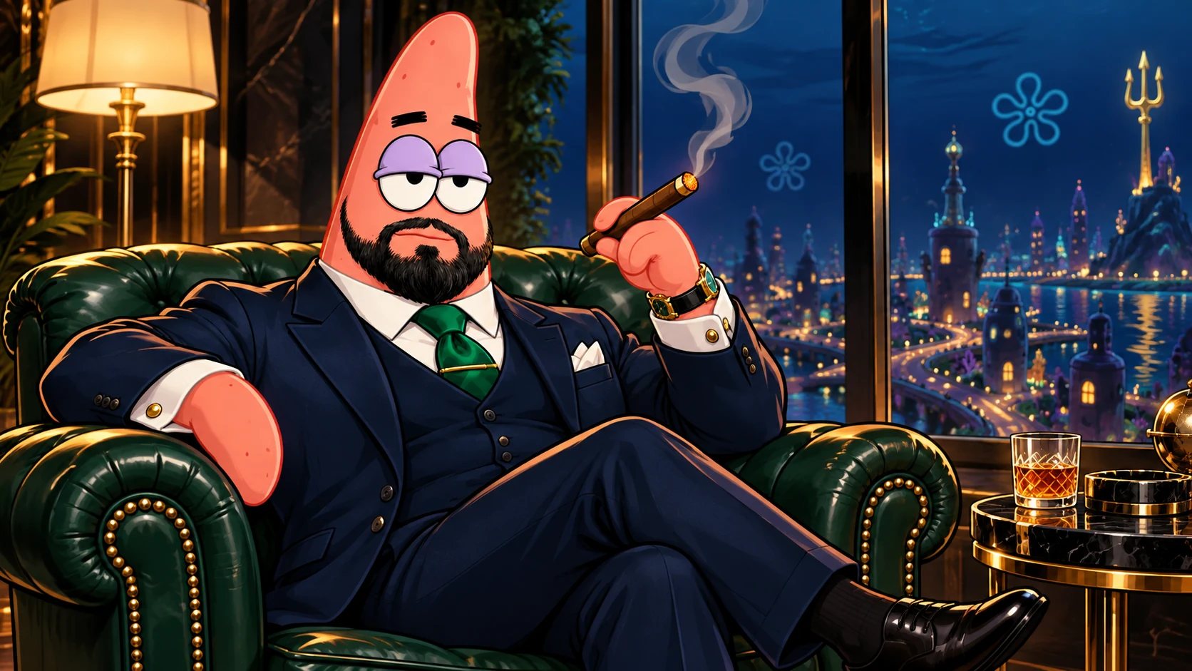DUMBO lounges in an emerald leather chair with a cigar in a luxurious underwater penthouse, contemplating his next fictional business decision.