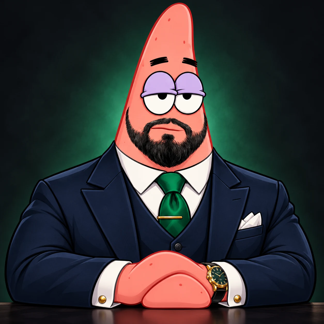 DUMBO, a pink star with half-lidded eyes and a neat black beard, wearing a navy three-piece suit, emerald tie and gold watch, with his rounded hands crossed.